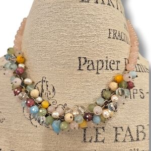 Multi Gemstone and Freshwater White Pearl Necklace - 19 Inches